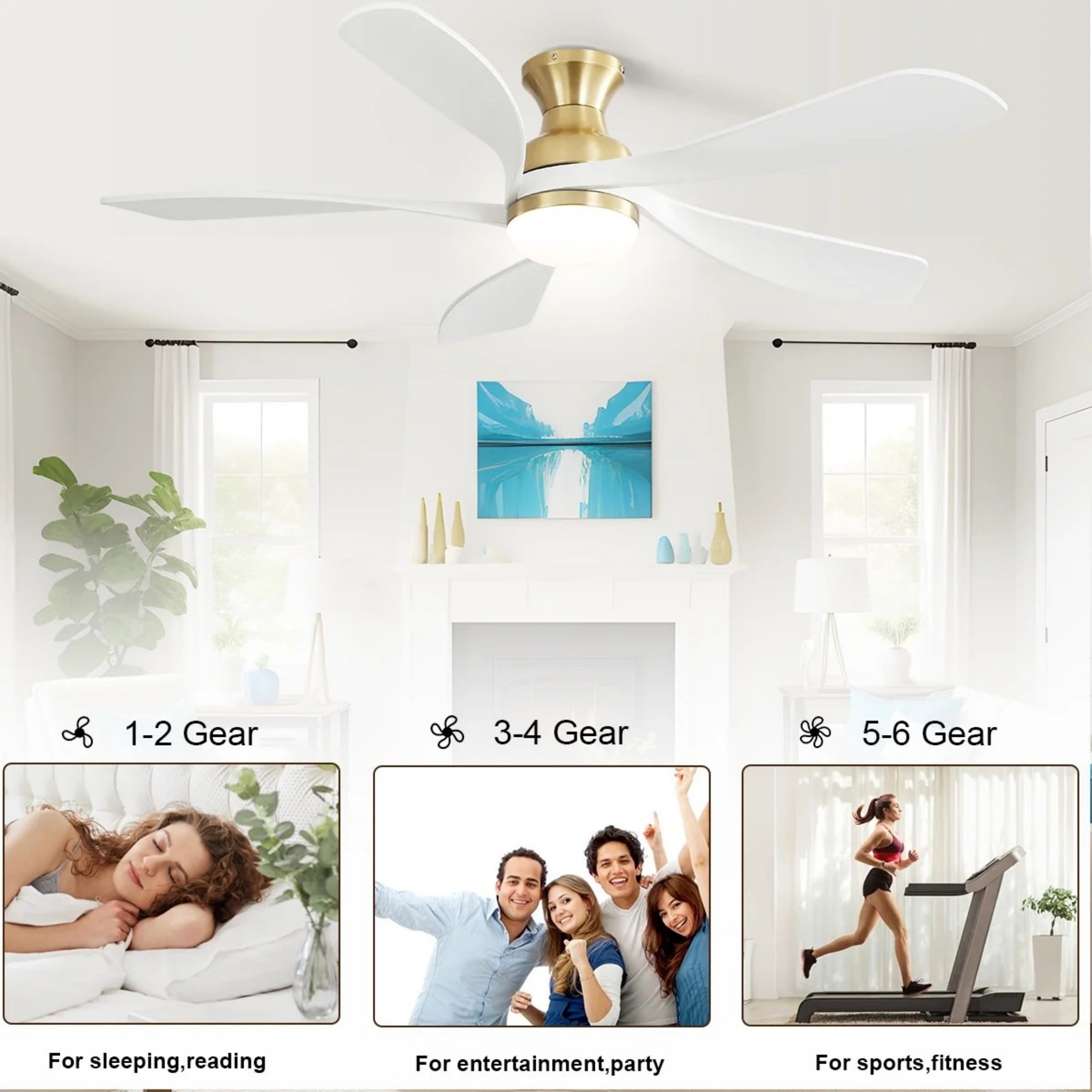 Sofucor 52-Inch Flush Mount Smart Ceiling Fan with LED Light, Remote and App Control
