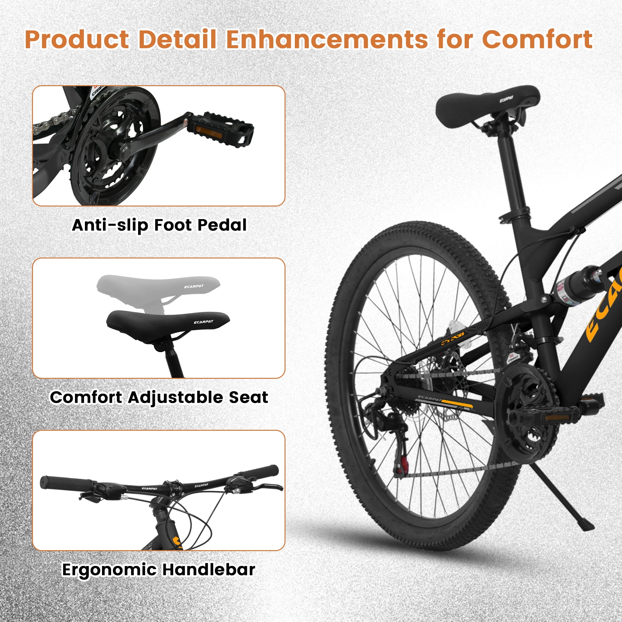 24 Inch Mountain Bike Full Suspension, 21 Speed Mountain Bicycle with Double Disc Brakes, Carbon Steel Frame Commuter City Bike for Adult Men Women, Black-Orange