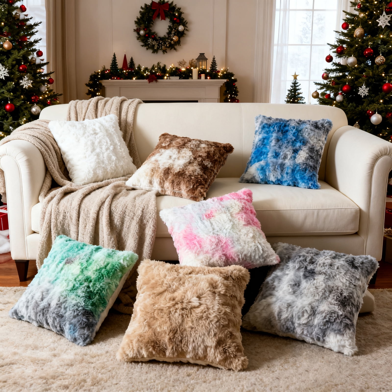 Sanmadrola Pillow Covers 18x18 Fluffy Faux Rabbit Fur Decorative Throw Pillows Case, Shaggy Decorative Cushion Covers for Sofa, Bedroom, Living Room, Cozy Home Décor, Set of 2