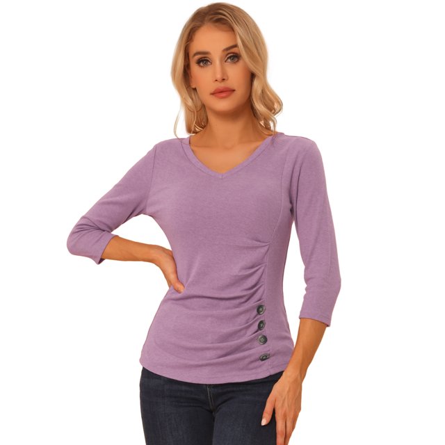 Top acanalado Allegra K con decoración de botones cuello en V mangas 3/4 Gris