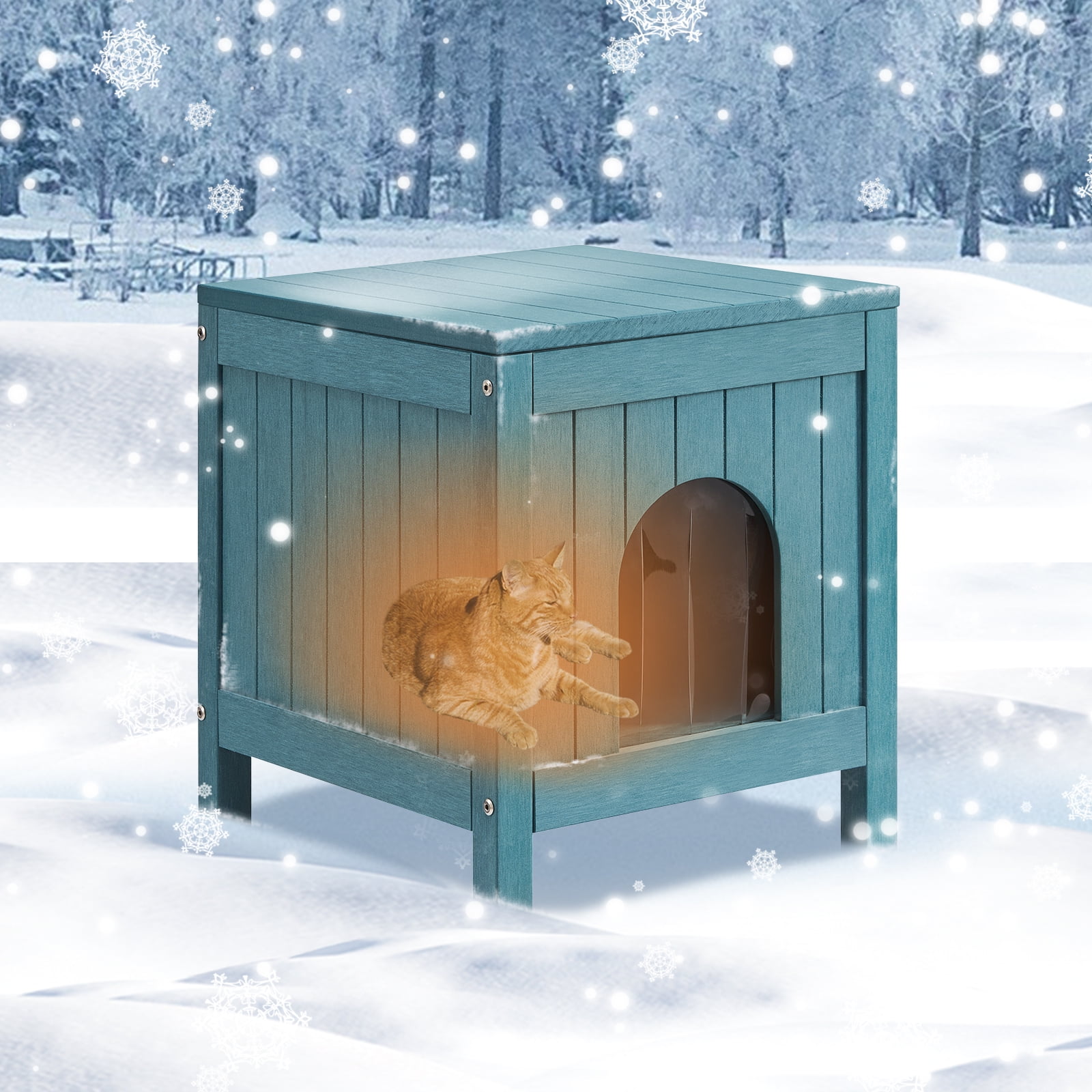 GONICHA Insulated Cat House, Weatherproof Poly Lumber Outdoor Cat House, Moisture-Proof Elevated Cat Shelter with Side Table Function, Openable Roof to Easy Cleaning Cat Houses for Outdoor Cats-Blue