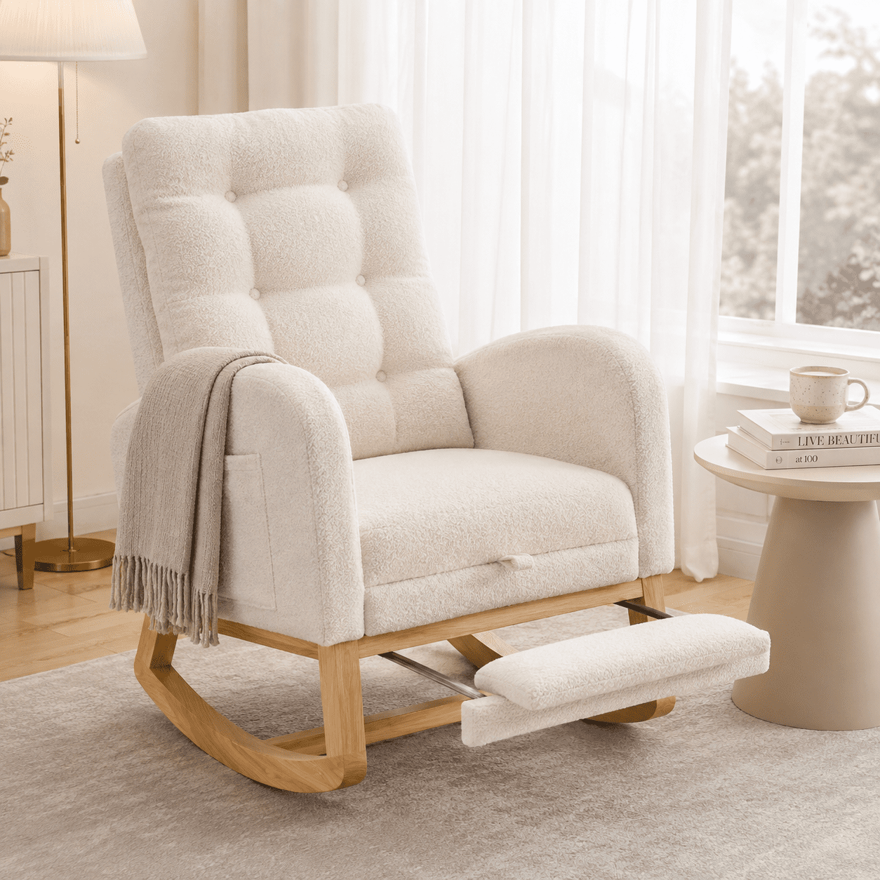 UHOMEPRO Upgraded Rocking Chair for Nursery, Modern Teddy Glider Rocker Chair with Footrest, High Backrest, Solid Wood Frame, Cream