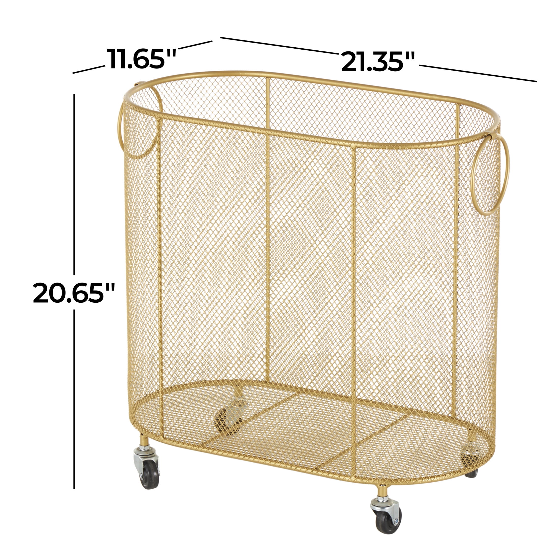 DecMode Gold Metal Oval Mesh Wire Rolling Laundry Storage Cart with Ring Handles
