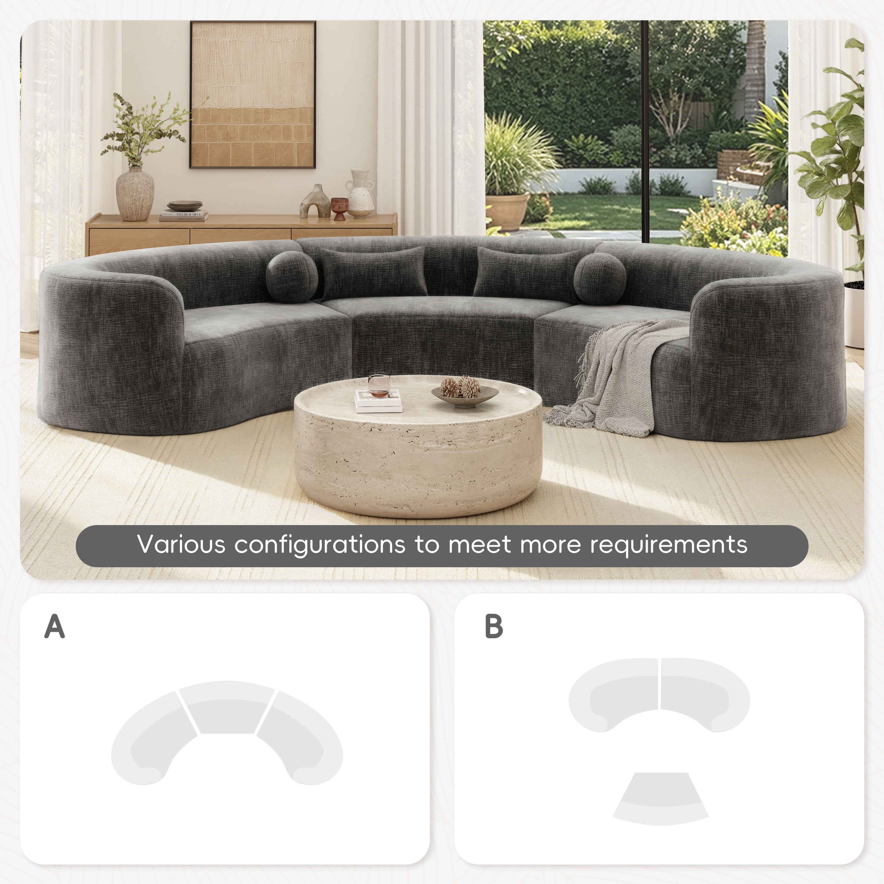 GARITIN 6 Seat Modular Curved Sectional Sofa 153 Inch, Frameless Chenille Arc Couch with 4 Pillows for Living Room, Gray