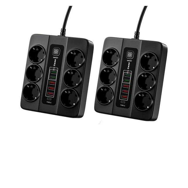 Barre d'Alimentation 6 Prises CA 3000W Station de Charge USB 6 Cordon d'Extension 2 m PD 20W QC3.0 Port USB Chargeur à Prises Multiples Prise d'Alimentation, Compatibilité Universelle