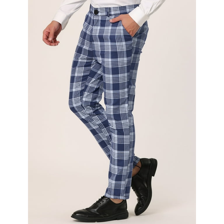 Unique Bargains Men s Plaid Dress Pants Casual Slim Fit Checkered Business Trousers 36 Navy Blue