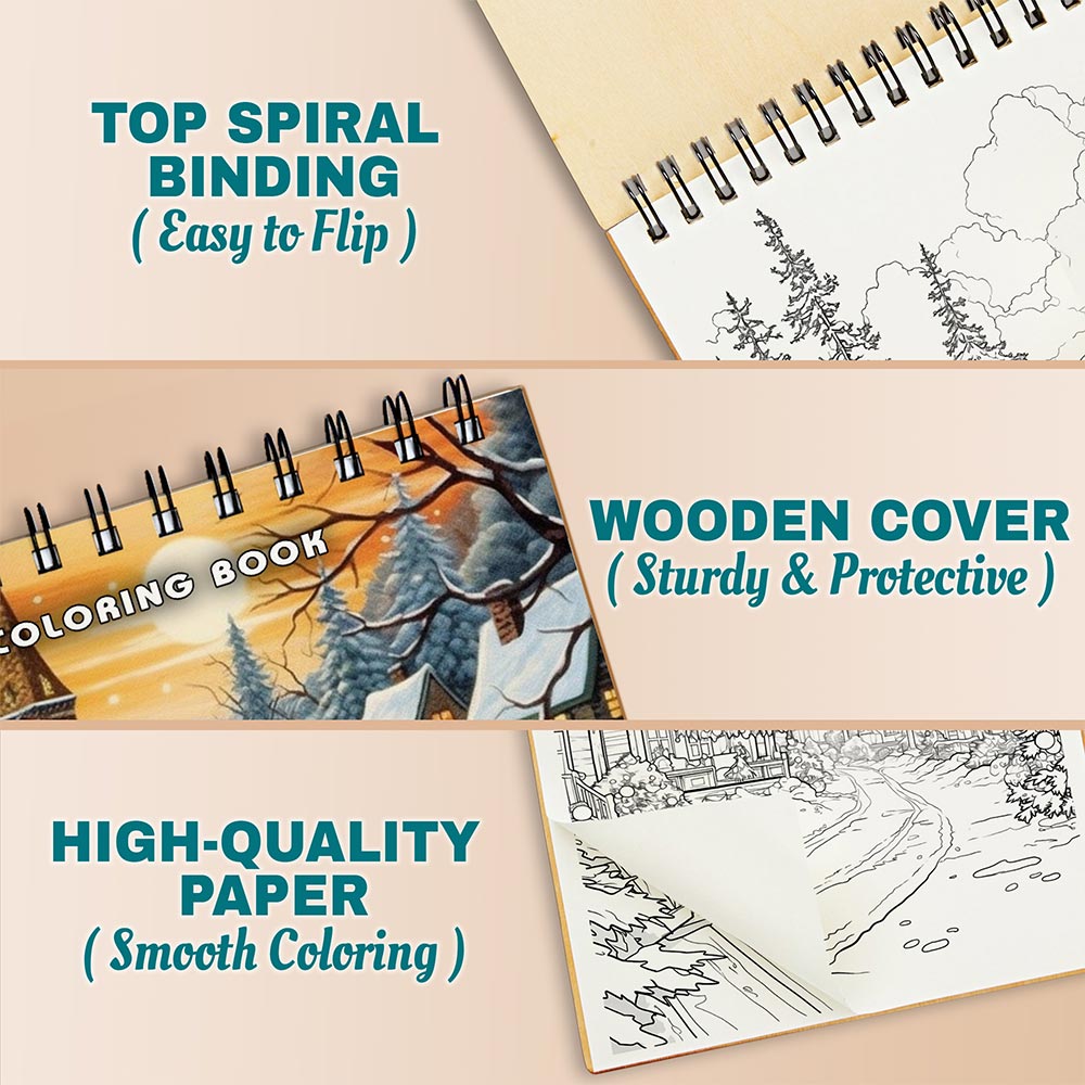 Netecom Christmas Country Town Coloring Book Spiral Bound For Adults, A5 Wooden Cover 30, Delightful Coloring Pages of Snowy Streets and Cozy Homes for Stress Relief and Relaxation