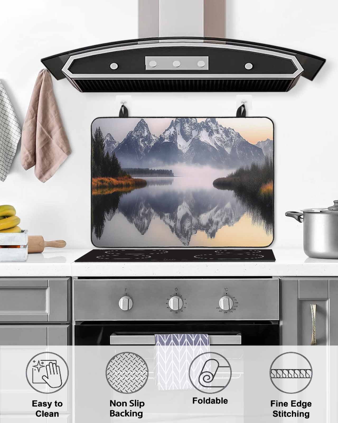 nqOlkjepod Large Induction Cooktop Protector Mat 36"x21", Grey Mountain Stove Top Covers for Electric Stove, Forest Modern Art Farmhouse Decorative Stove Burner Cover Mats, Glass Top Stove Cover
