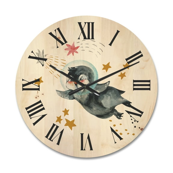 Designart 'Little Penguin Flying Planets and Stars I' Farmhouse Wood Wall Clock