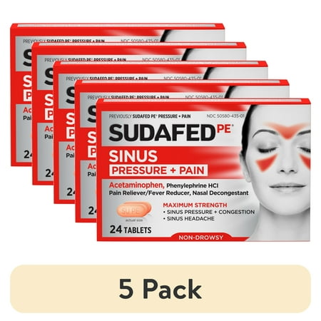 (5 pack) Sudafed PE Sinus Pressure + Pain Relief Decongestant Tablets, 24 Count