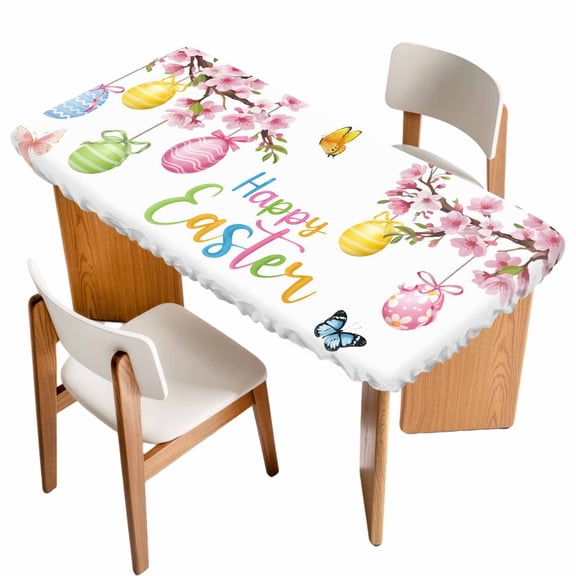 Easter Eggs Table Cloths for 6 Foot Rectangle Tables, Butterfly Flowers Spring Watercolor Branch Floral Patio Waterproof Elastic Fitted Tablecloths, Washable Rectangular Table Cover for Camping
