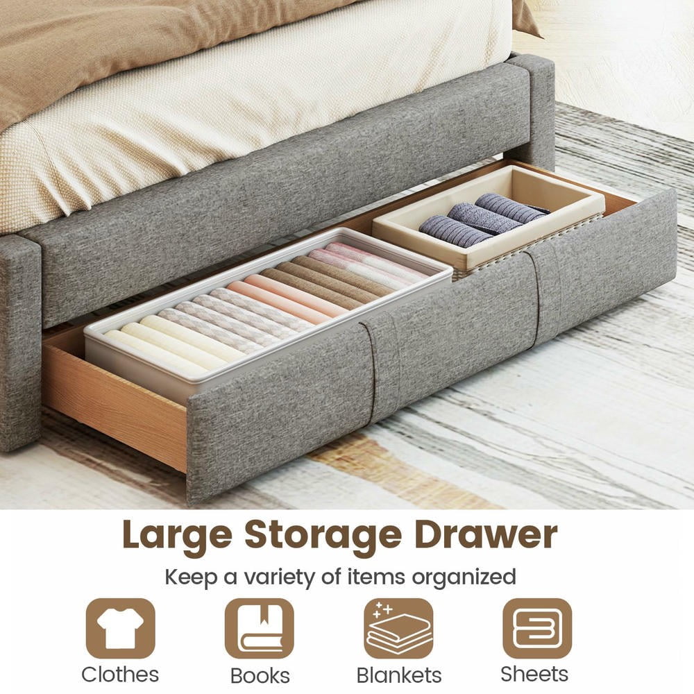 Barara King Queen Size Bedroom Bed Frame with Storage Drawer and Vertical Channel Headboard, Bed Platform Frame for Apartment, Bedroom, Beige