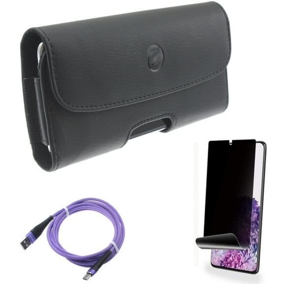 Case Belt Clip w Privacy Screen Protector w 10ft USB Cable for Samsung Galaxy S20 Plus - Leather Holster Cover, TPU Film [NOT GLASS] [Fingerprint Works], Purple Type-C Charger fits Galaxy S20 Plus