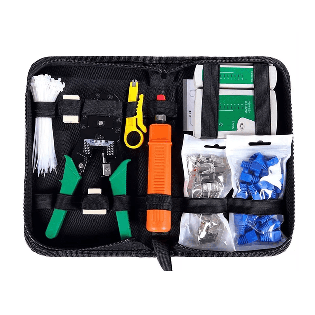kit de herramientas belug cableado redes utp basico estuche abierto, set de mantenimiento de red con probador de cables para RJ-11/RJ-12/RJ-45 y pruebas CAT5/CAT5e, alicates de crimpado 3 en 1 con mangos verdes, pelacables amarillo-negro, funda naranja, bolsas con conectores RJ-45, protectores azules y bridas blancas.