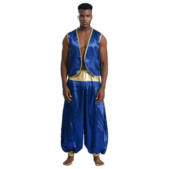 Moggemol Mens 2Pcs Arabian Prince Costume Sleeveless Open Front Satin Vest with Lantern Harem Pants Royal Blue&Royal Blue 3XL