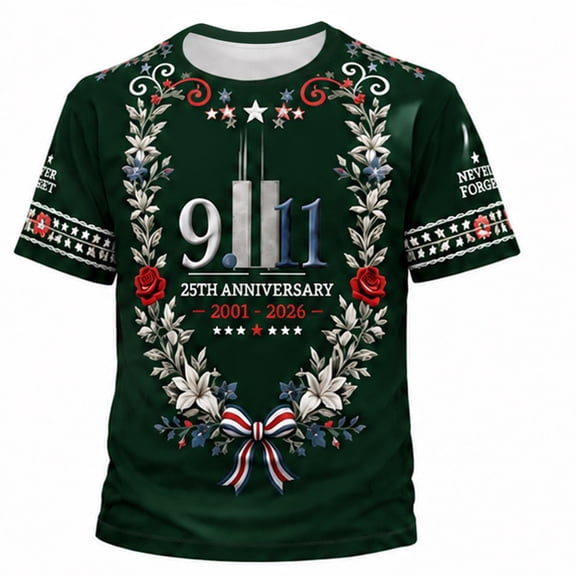We Will Never Forget 9/11 25th Anniversary Men's T-Shirt - Memorial Graphic Crew Neck Casual Top with Ornamental Art for Daily Wear Army Green L