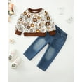 thumbnail image 2 of 18 Months Baby Girls Clothes 24 Months Girls Fall Winter Pant Set Toddler Girls Long Sleeve Round Neckline Floral Top Jeans Pants 2PCS Outfits Set Brown, 2 of 8