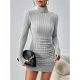 thumbnail image 2 of Women'S Rib Knit Ruched Long Sleeve Short Bodycon Dresses High Neck Slim Fit High Waist Sweater Dress Light Gray S, 2 of 7