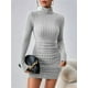 thumbnail image 4 of Vestido Tipo Suéter de Punto Acanalado para Mujer, de Larga, Fruncido, Ajustado, con Cuello Alto y Cintura Alta Gris L, 4 of 9