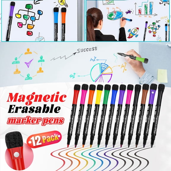 12-Color Magnetic Dry Erase Markers with Built-in Eraser - Whiteboard Markers for Office & Classroom, Expo Markers Dry Erase Style, Includes Dry Erase Eraser Function