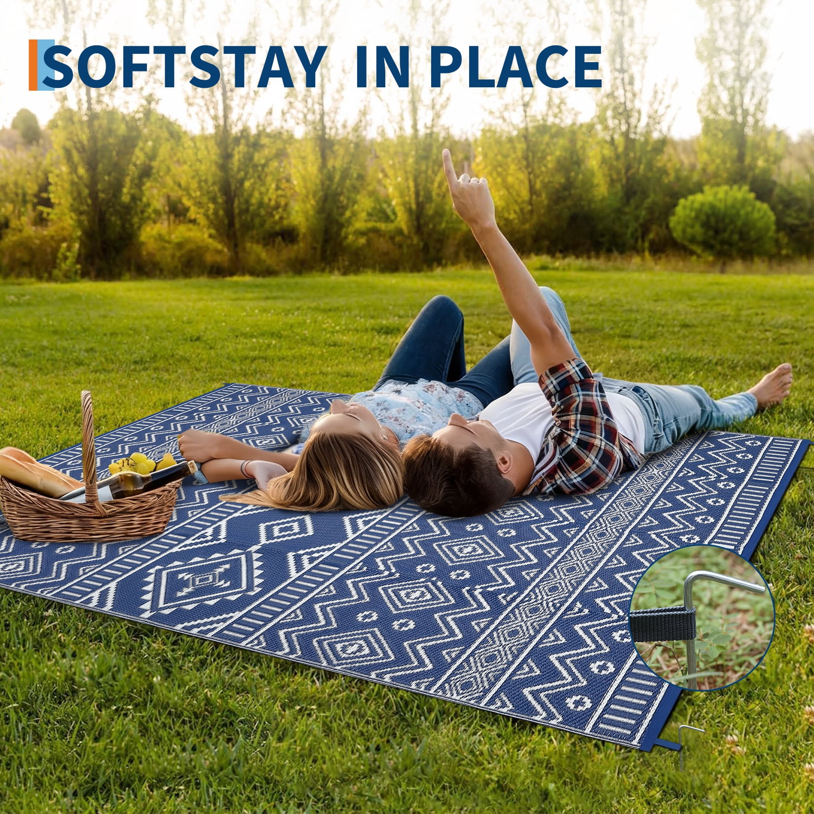 HIWEAVER 8' x 10' Navy/White Outdoor Rug PP Plastic Straw Woven Waterproof Patio Rug with Border Portable Outside Carpet for Balcony Deck Picnic Garden Decor