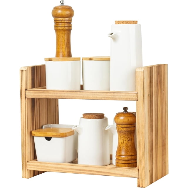 Estante de especias de madera de 2 niveles, un organizador de encimera para almacenamiento en la cocina y el baño, exhibición de cosméticos