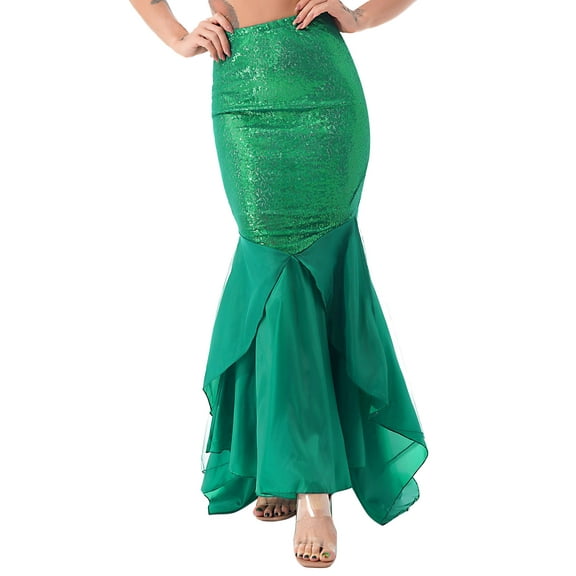 YiZYiF Womens Mermaid Tail Maxi Skirt Sparkly Sequined Skirts Cosplay Costume Green XXL
