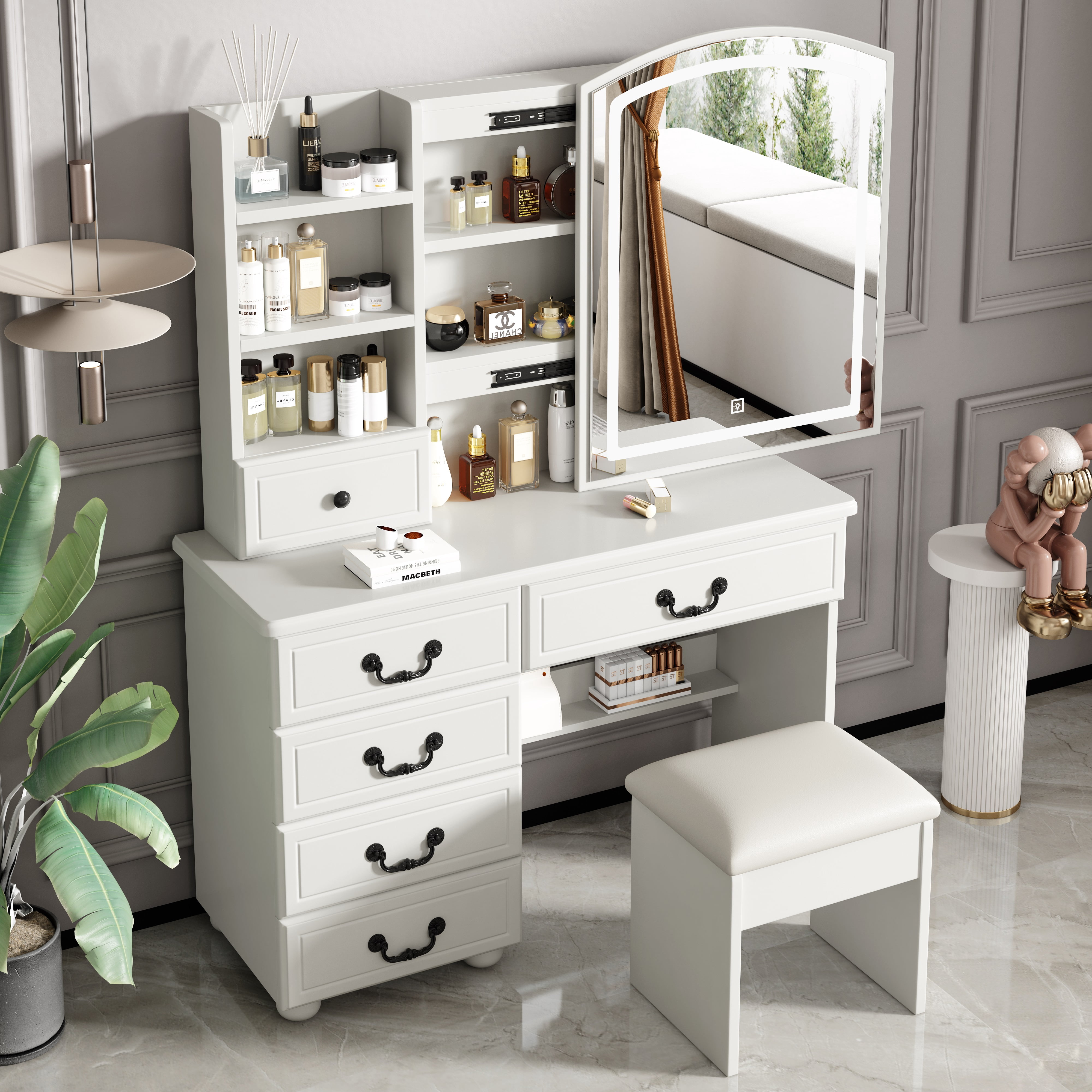 Mintazer Vintage Makeup Vanity Table with Arched LED Mirror, 5 Drawers & Open Side Shelves, Dressing Table with Cushioned Stool & Flip Storage Mirror Cabinet for Bedroom Apartments, White