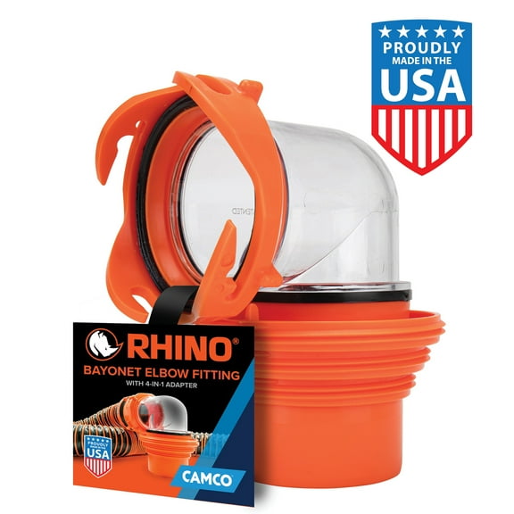 Camco Rhino Clear RV Sewer Hose Elbow with 4-in-1 Adapter - Orange (39736)