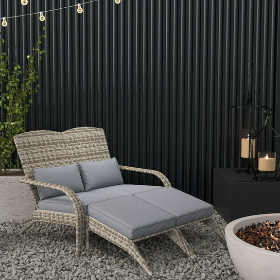 PE Rattan Double Chaise Lounge Chair with Cushions & Footrests, High-Back Wide Armrest Patio Chair for Outdoor Garden, Porch, or Fire Pit, Gray