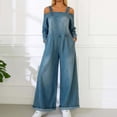 thumbnail image 2 of Womens One Piece Jumpsuit Denim Print Long Sleeve Relaxed Fit with Pockets Blue L, 2 of 6