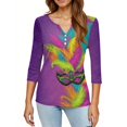 thumbnail image 4 of Mardi Gras Shirts for Women Mask Print Glitter 3/4 Sleeve Tops Sparkly V Neck Purple T Shirts Dark Purple L, 4 of 5
