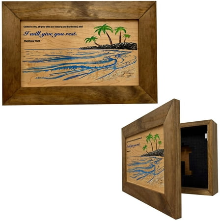 Bellewood Designs Bible Verse Decorative Secure Wall-Mounted Gun Cabinet - Matthew 11:28 and Coastal Scene