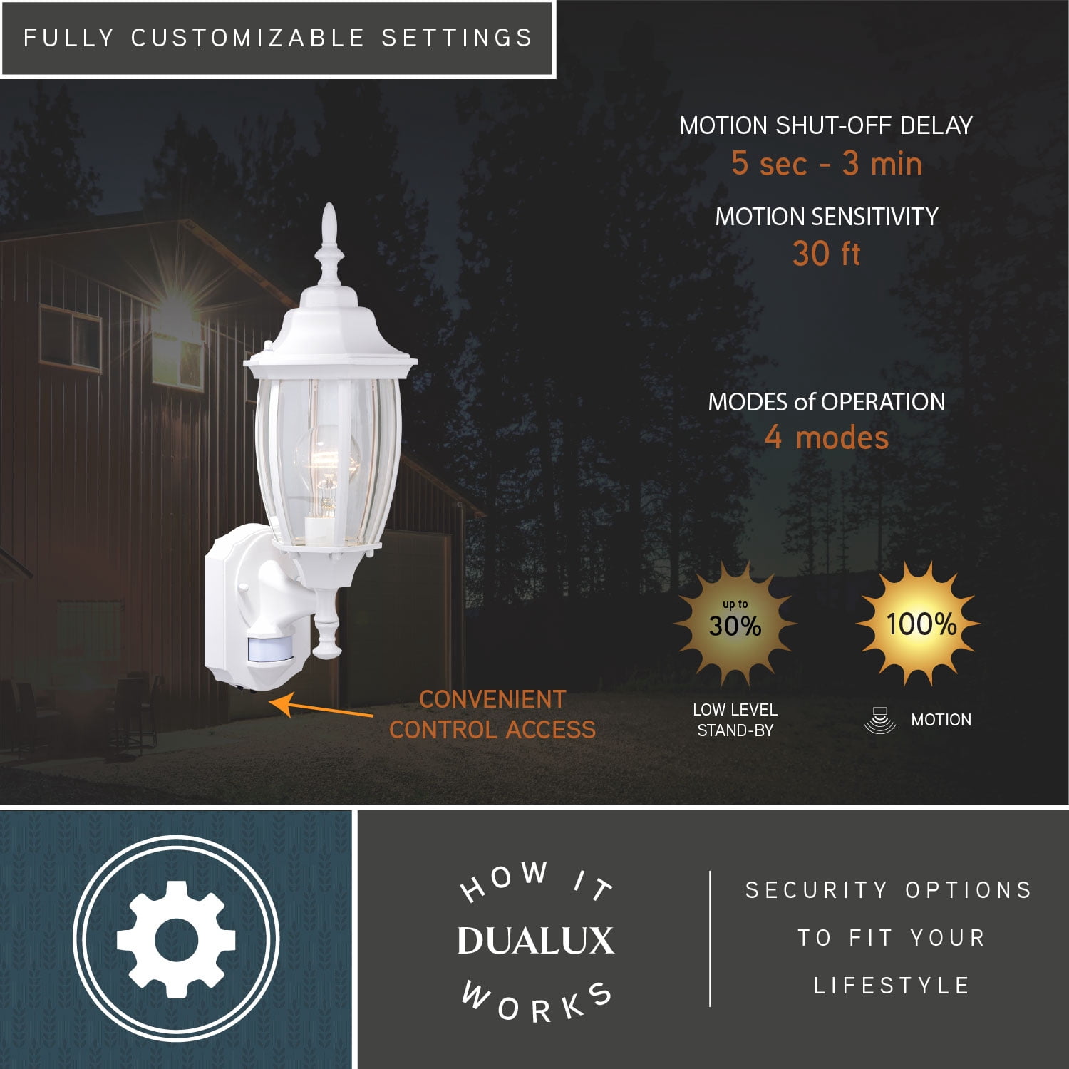 Rogers Park Aluminum 6.25-in. W 1 Light White Motion Sensor Dusk to Dawn Outdoor Wall Lantern Clear Glass