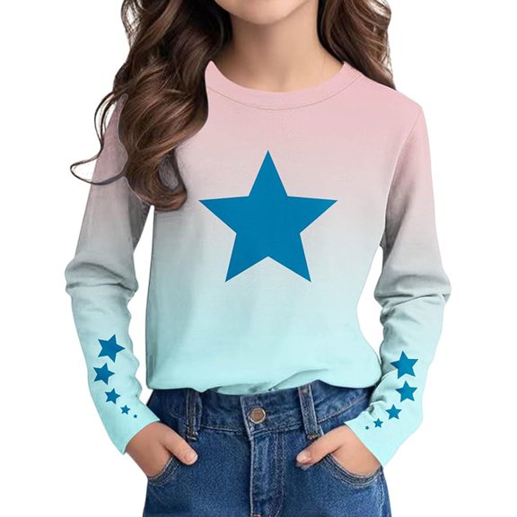 Girls Long Sleeve Shirt Star Print Crew Neck Casual Loose Fit Pullover Tops for Kids Fall Outfits Casual T-Shirt