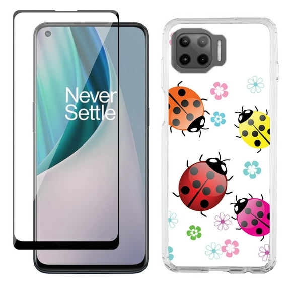 Slim-Fit Protective Phone Case compatible with Motorola Moto One 5G UW, with Tempered Glass Screen Protector, by OneToughShield ® - Ladybug