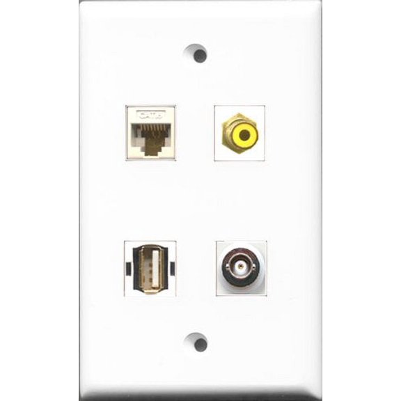 RiteAV 1 Port RCA Yellow and 1 Port USB A-A and 1 Port BNC and 1 Port Cat6 Ethernet White Wall Plate