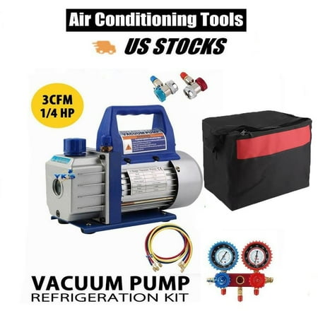 3CFM 1/4HP Air Vacuum Pump HVAC A/C Refrigeration Kit AC Manifold Gauge Set w/Leak Detector 110V 60Hz 1400 RPM