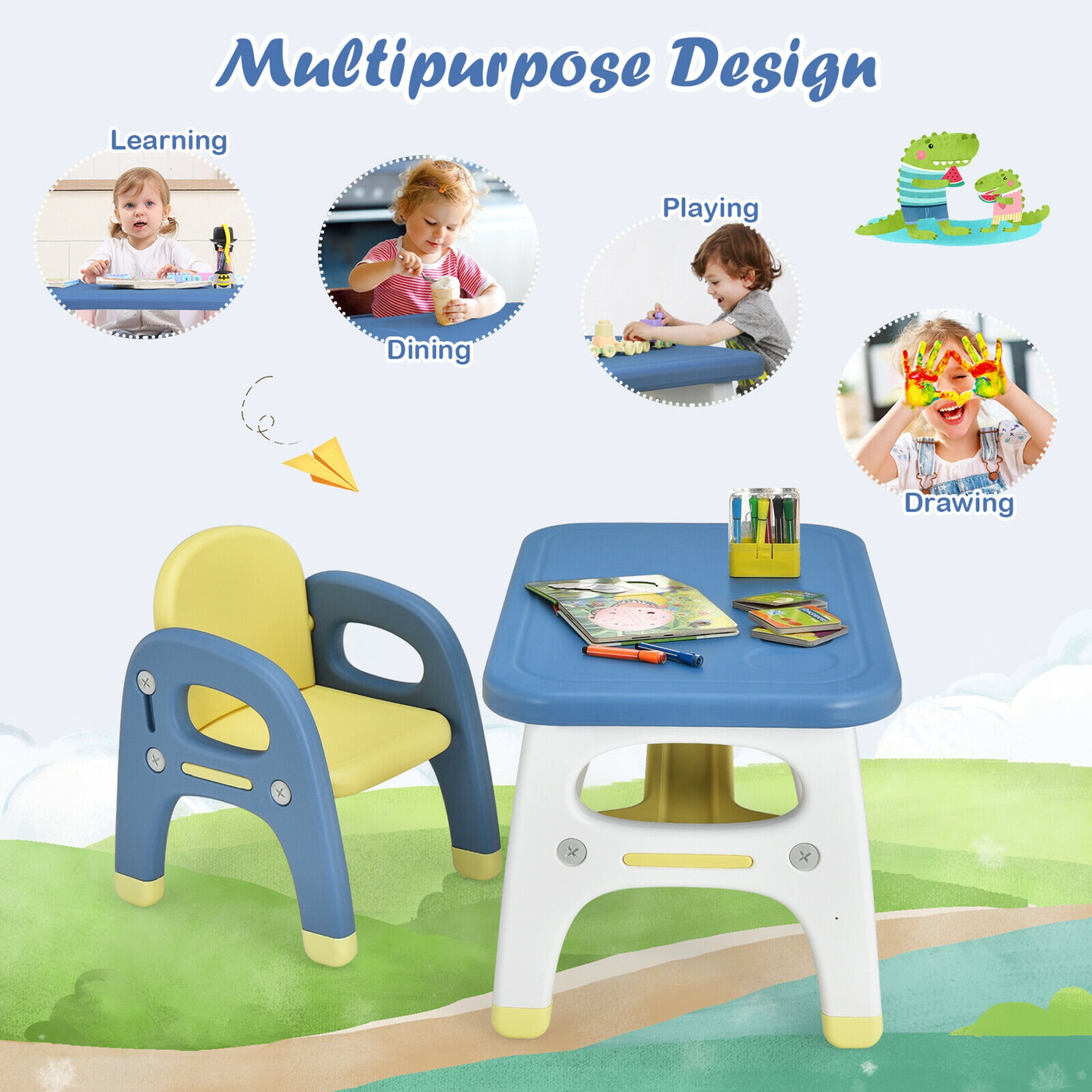 Gymax Kids Dinosaur Table and Chair Set Activity Study Desk w/ Building Blocks