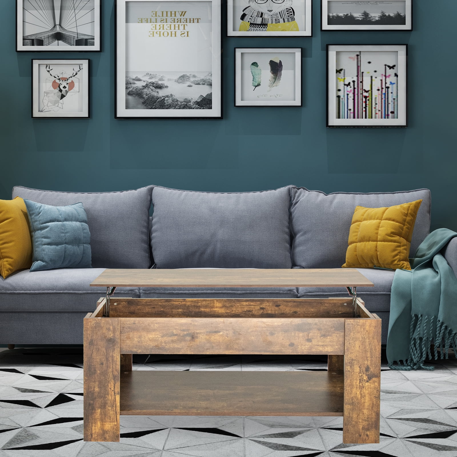 Wooden Coffee Table, Liftable Table, Coffee Table with Hidden Compartment and Storage Shelf