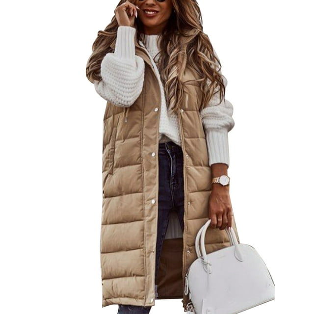 Gilet Long à Capuche pour Femmes Hiver Décontracté Rembourré à Fermeture Éclair Chaud