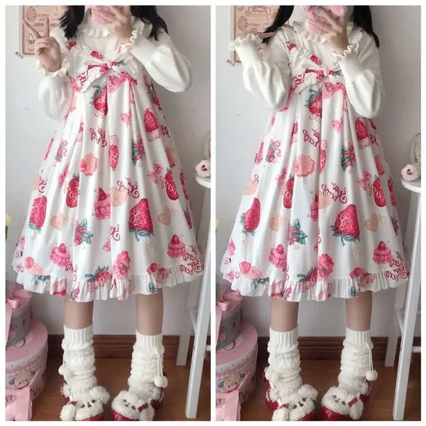 Vestido Lolita Kawaii japonés para mujer, falda de fiesta, trajes de Cosplay de fresa Jsk, tirantes, ropa Y2k
