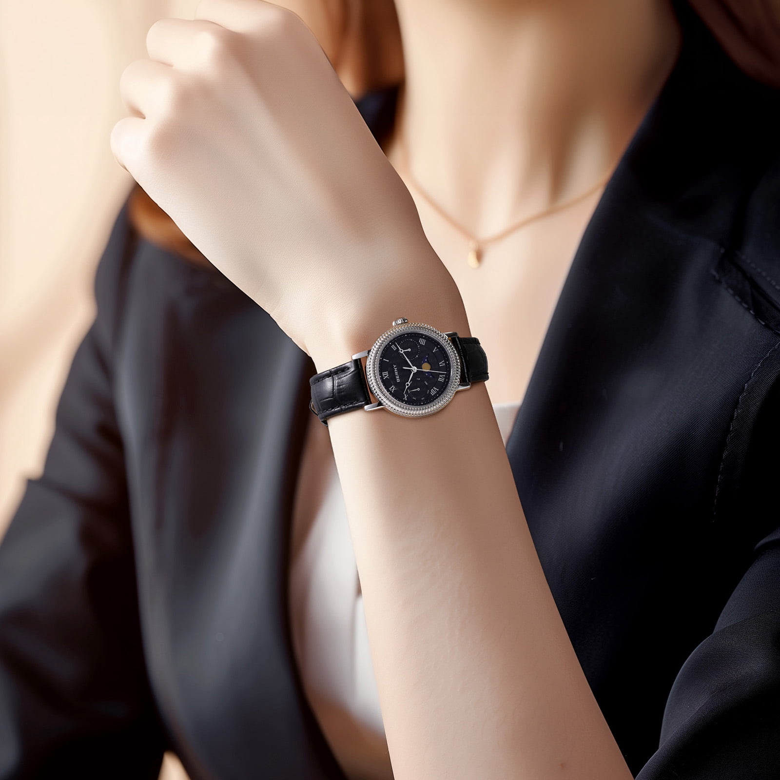 BERNY Womens Leather Watch, Vintage Roman Numerals Luxury Moon Phase Watch with Day & Date, Stainless Steel, Sapphire Crystal, Waterproof, Fashion Dress Analog Quartz Wrist Watches for Women (Silver)
