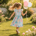 thumbnail image 4 of IPIO Girls Floral Summer Dress with Ruffle Sleeves and Bow Accents, Mint Green A-Line Party Dress, 4 of 8