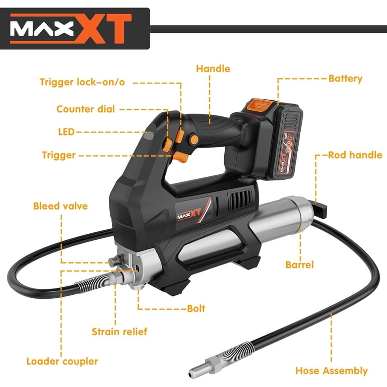 21V Cordless Grease Gun - 12,000 PSI Electric With 40" Hose & Rechargeable Battery