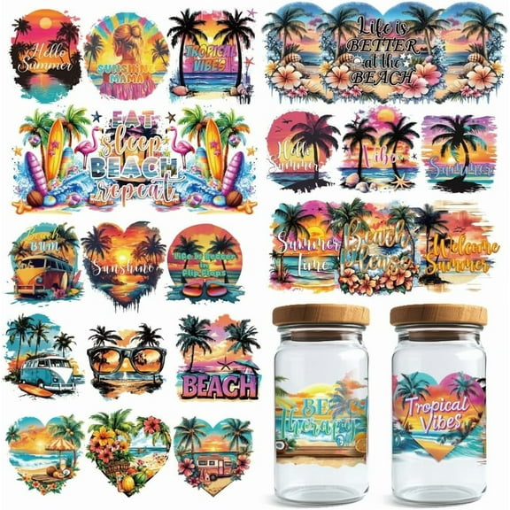 20 Pcs UV DTF Cup Wraps 10 Styles Summer Beach Decals Cartoon Rub on Decals Waterproof Transfer Stickers for Glass Cups Wood Crafts colorful