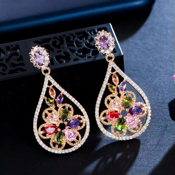 Vivid Multi Color CZ Water Drop Flower Long Dangle Earrings Indian Gold Jewelry