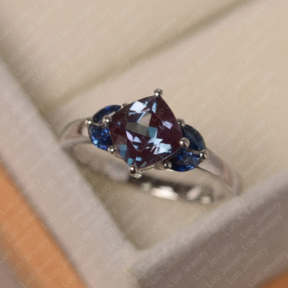 Alexandrite and sapphire ring, cushion cut birthstone ring, sterling silver wedding ring