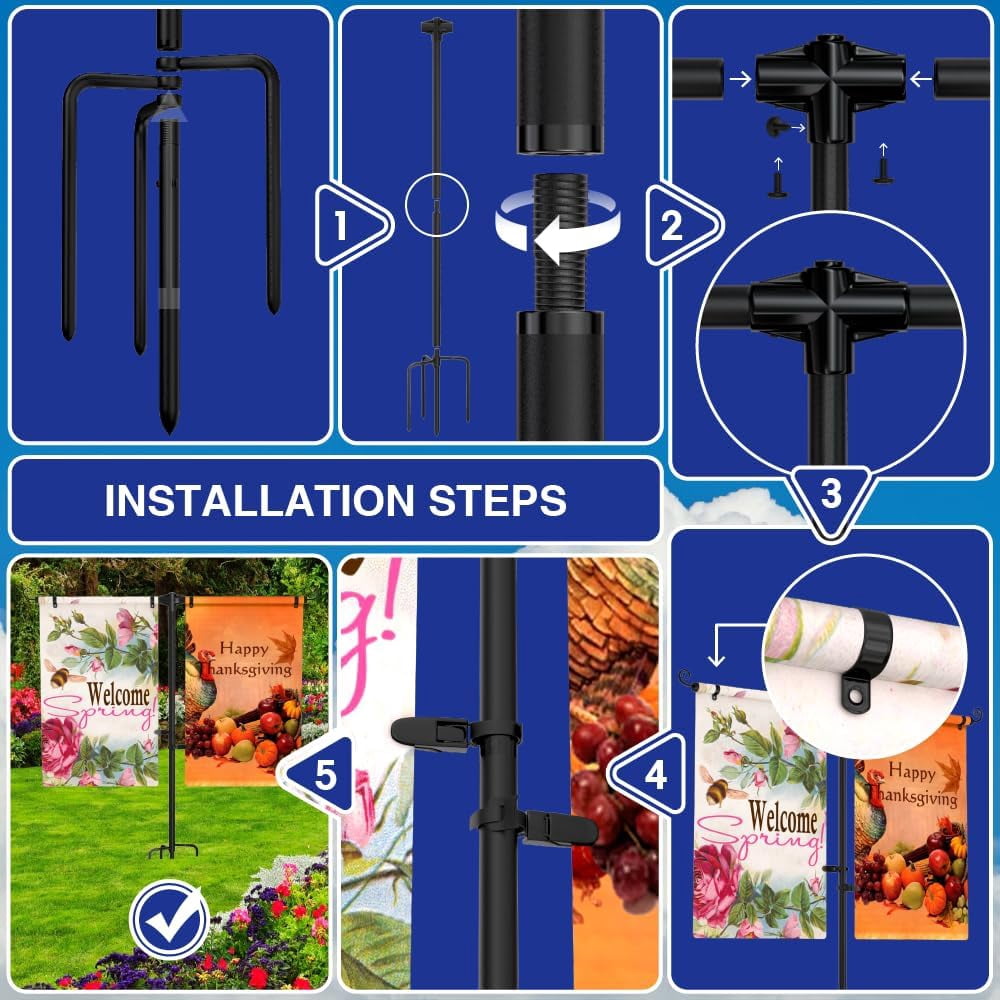 Garden Flag Stand Holder w/4-Prong Base, 3/4 Inch Extra Thick Heavy Duty Yard for Double Small Flags 12x18, Pole Outside Patio Decor