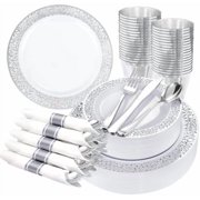 50 Guests Dinnerware Sets, Gold Plastic Plates，Platos Para Fiestas Elegantes Desechables Include:50 Dinner Plates, 50 Dessert Plate, 150 Pcs Gold Plastic Silverware, 50 Cups for Party